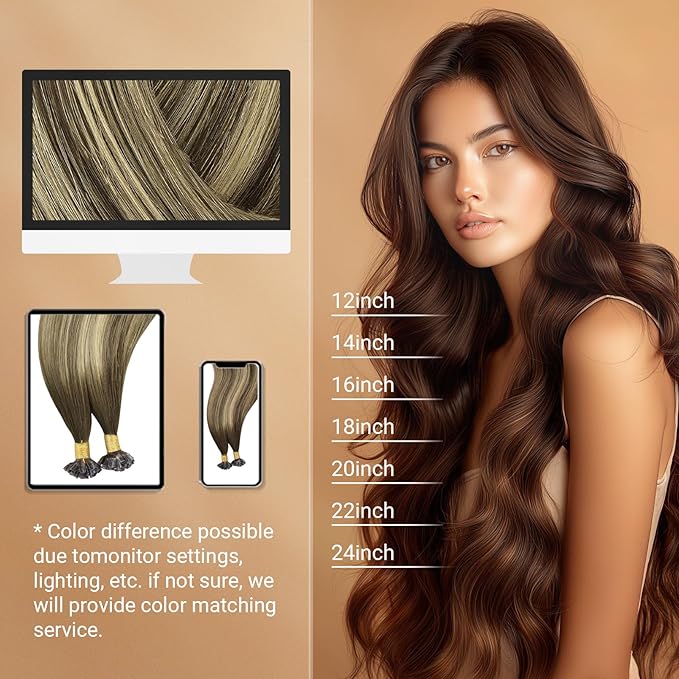 MAXITA U Tip Hair Extensions Human Hair, Balayage Chocolate Brown to Caramel Blonde Virgin Human Hair Extensions Real Human Hair, 50g/50 Strands/Pack, 16 In