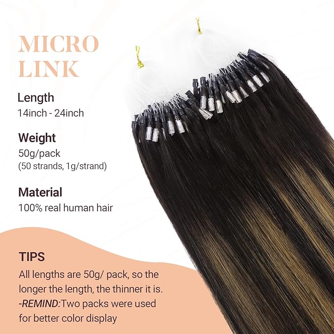 MAXITA Microlink Hair Extensions Human Hair Balayage Dark Brown Mixed Chestnut Brown Micro Bead Hair Extensions Virgin Human Hair, 50g/50 Strands/Pack, 18 In