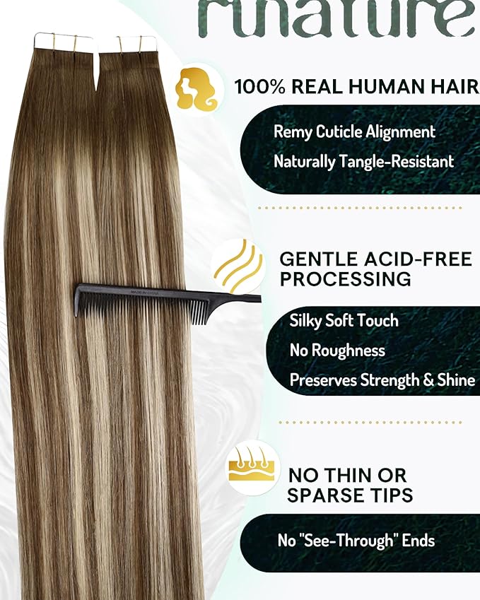 RUNATURE 24 Inch Tape in Hair Extensions Human Hair Balayage Hair Extensions Tape in Human Hair Ombre Brown to Blonde Human Hair Tape in Extensions Natural Looking Silky 20pcs 50g
