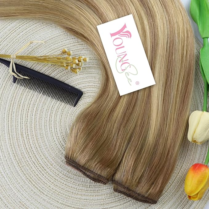 YoungSee Wire Hair Extensions Real Human Hair Balayage Wire Hair Extensions Light Brown with Platinum Blonde and Brown #8/60/8 Layered Hair Extensions Human Hair Fish Line Hair Extensions 16Inch 80G