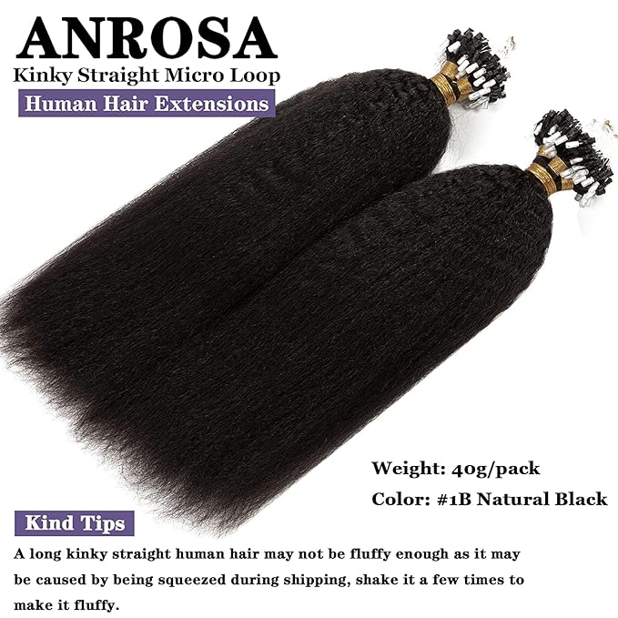 Anrosa Microlink Hair Extensions Human Hair Kinky Straight Micro Loop Hair Extensions 100% Brazilian Virgin Hair Cold Fusion Micro Rings Hair Extensions for Black Women 14 Inch 40g 50 Strands