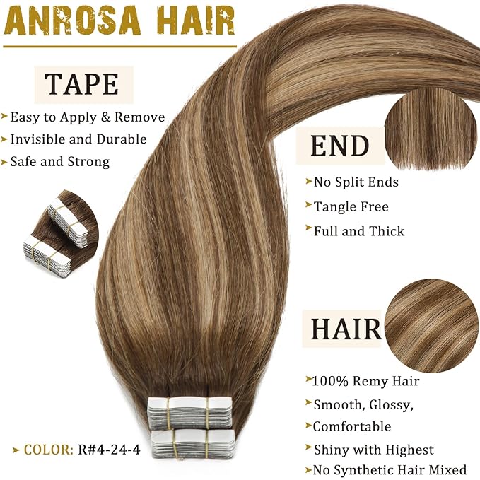 Anrosa Tape in Hair Extensions Double Sided Remy Tape in Hair Extensions Human Hair 14 Inch Silky Human Hair Tape in Extensions for Woman Medium Brown to Blonde with Medium Brown Roots 20pcs 50G
