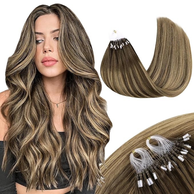 MAXITA Microlink Hair Extensions Human Hair Balayage Dark Brown Mixed Chestnut Brown Micro Bead Hair Extensions Virgin Human Hair, 50g/50 Strands/Pack, 22 In