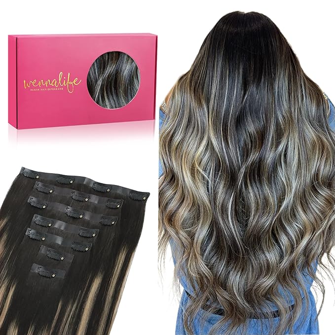 WENNALIFE Seamless Clip In Hair Extensions, 16 Inch 130g 7pcs Natural Black to Light Blonde Hair Extensions Clip in Human Hair Invisible PU Skin Weft Natural Remy Human Hair Extensions