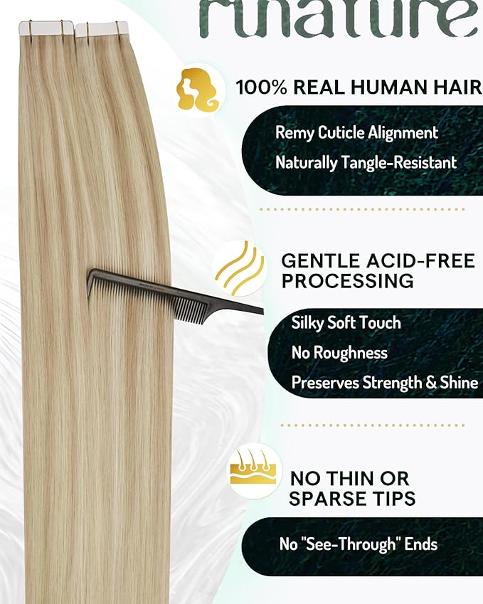 RUNATURE Tape in Hair Extensions Human Hair Blonde 18 Inch Tape in Extensions Human Hair, Blonde Highlights Real Remy Hair, Straight Silky Tape Ins Extensions, Long Lasting,No Shedding, 50g 20pcs