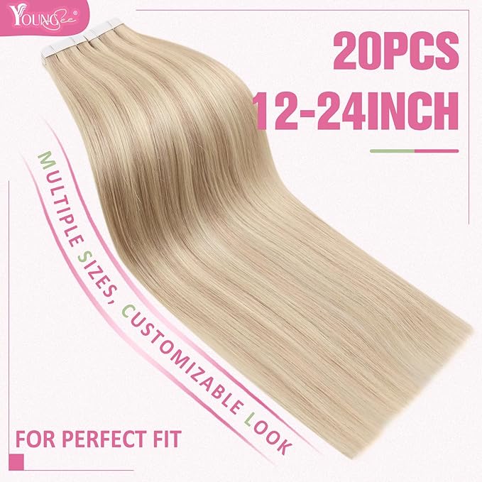 YoungSee Tape in Hair Extensions Real Human Hair Blonde Highlight Tape in Hair Extensions Light Blonde and Strawberry Blonde Highlight Human Hair Extensions Tape in 20In 20pcs 50g Seamless Extensions