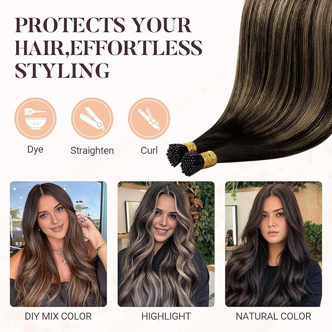 MAXITA I Tip Hair Extensions Human Hair, Balayage Chocolate Brown to Caramel Blonde 100g/100s 14 Inch, Comfortable Wear, 100% Remy Real Human Hair Itip Keratin Hair Extensions