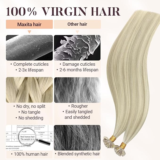 MAXITA U Tip Hair Extensions Human Hair, Ash Blonde Highlighted Platinum Blonde Hair Extensions Real Human Hair, 50g/50 Strands/Pack, 18 In Virgin Human Hair
