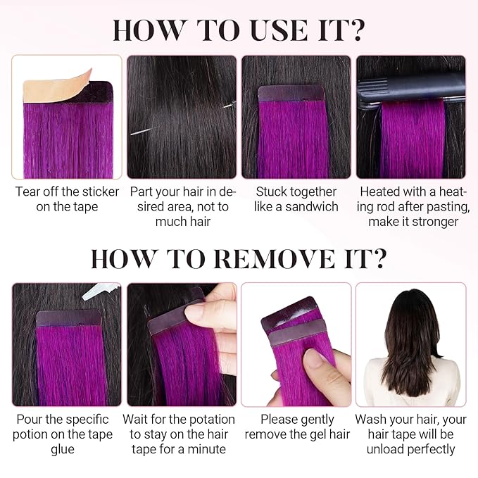 MAXITA Tape in Hair Extensions Human Hair Purple Tape in Extensions 10pcs 30g 22 Inch Colored Invisible Real Human Hair Extension Soft Straight Glue in Hair Extensions for Women