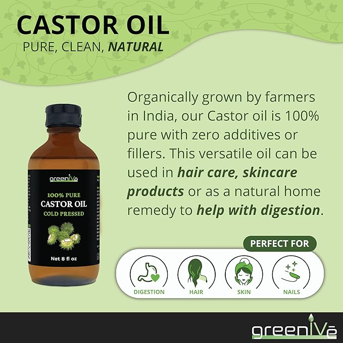 GreenIVe Castor Oil Organically Grown 100% Pure 8oz Glass Bottle Cold Pressed, Hexane Free, Eyelash and Eyebrow Growth Serum, Skin Moisturizer Detox and Wraps