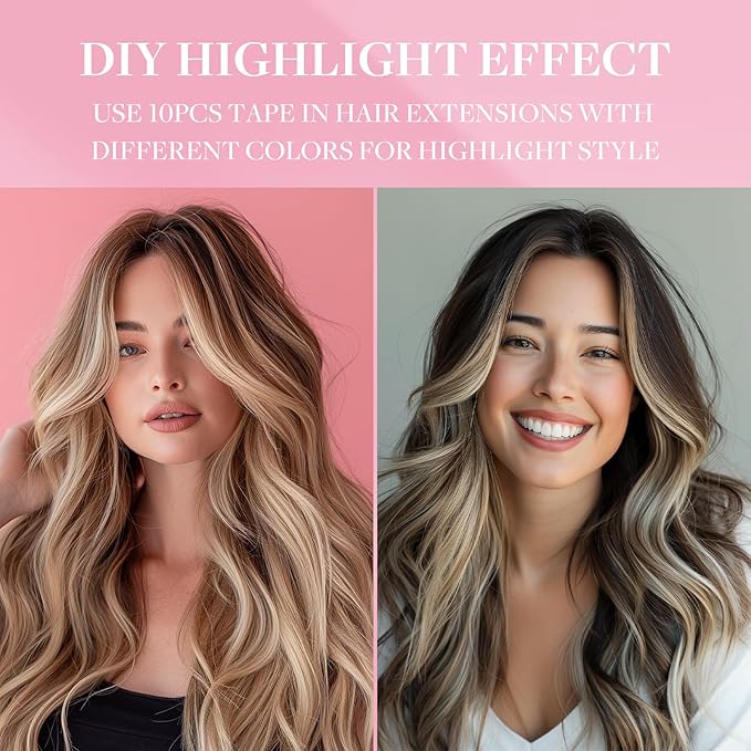 MAXITA Tape in Hair Extensions Human Hair 4/27/4 Chocolate Brown Mixed Caramel Blonde Balayage 18 Inch 25g 10pcs Thick Ends Straight Seamless Tape ins Remy Invisible Tape in Extensions Human Hair