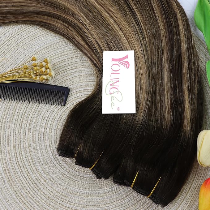 YoungSee 120G Wire Hair Extensions Brown Invisible Wire Human Hair Extensions Dark Brown Fading To Caramel Blonde Mix Brown Balayage Straight Hair Extensions Wire 16Inch