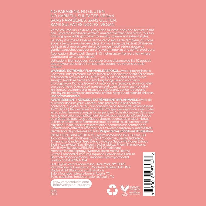 VERB Volume Dry Texture Spray, 1.6 oz- Boosts Volume, Adds Fullness & Weightless Grit - Sulfate, Paraben and Gluten Free