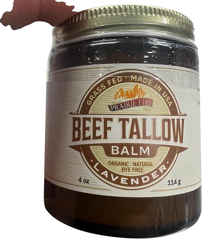 Beef Tallow Balm - 4 oz - Made in USA - Organic Grass Fed and Finished Tallow - Moisturizing Skin Care Lavender