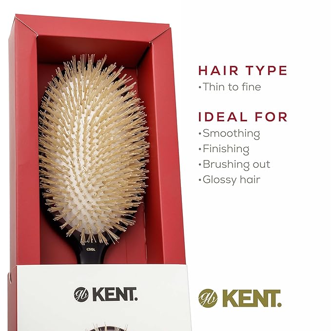 Kent CSGL 9" Large Oval Cushion Straightening Brush and Scalp Brush – Natural White Boar Bristles Hair Brush for Fine or Thinning Hair – Large Cushion Shine & Smoothing (+ Hair Brush Cleaner)