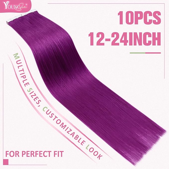 YoungSee Tape in Extensions Human Hair Purple Invisible Tape in Hair Extensions Human Hair Purple 10pcs 25g Seamless Human Hair Tape in Extensions Color 14In Tape ins Human Hair Extensions for Cosplay