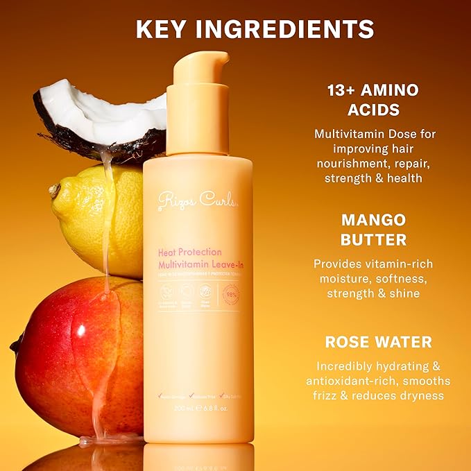 Rizos Curls Multivitamin Leave-In Heat Protection Up to 450°F – Strengthen, Repair & Add Shine to Straight, Wavy, Curly, Coily Hair Types 1a–4c – Sulfate & Paraben Free