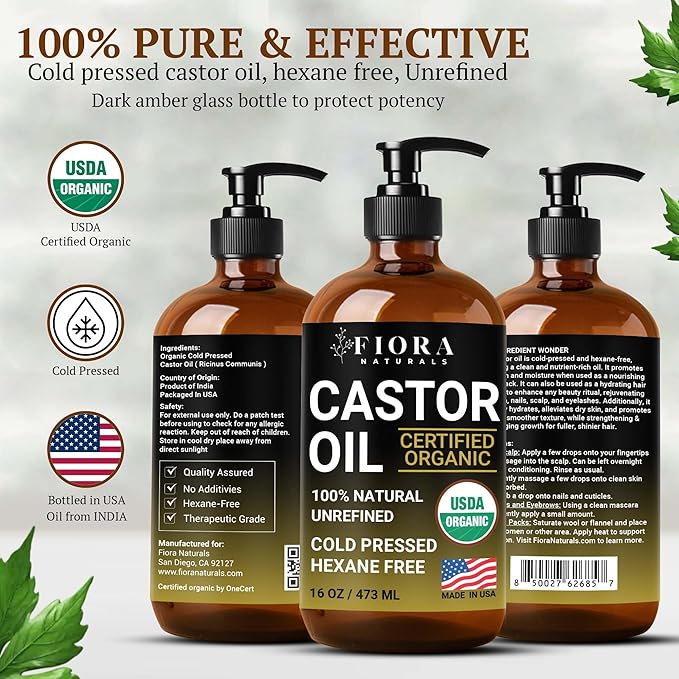 Castor Oil Organic Cold Pressed Unrefined Glass Bottle | For Hair Growth, Skin, in Pack Wraps, Eyelashes & Brows | USDA Certified, 100% Pure Organic Castor Oil | Hexane Free | 16oz, 1oz