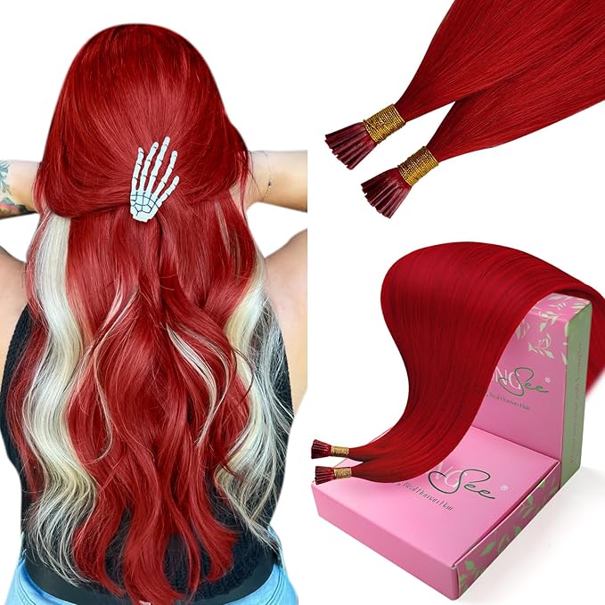 YoungSee Red I Tip Hair Extensions 25g Red I Tips Hair Extensions Real Human Hair Colored Keratin Tip Extensions 18In 30s Color Hair Extension for Women Girls Cosplay Invisible Extensions Human Hair