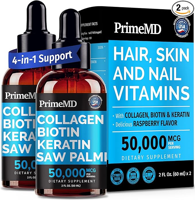 Liquid Collagen Peptides for Women - Serum Complex with Biotin Vitamin, Hydrolyzed Keratin Protein and Saw Palmetto - Comprehensive Formula for Hair, Skin, and Nails Wellness - 2fl oz (Pack of 2)