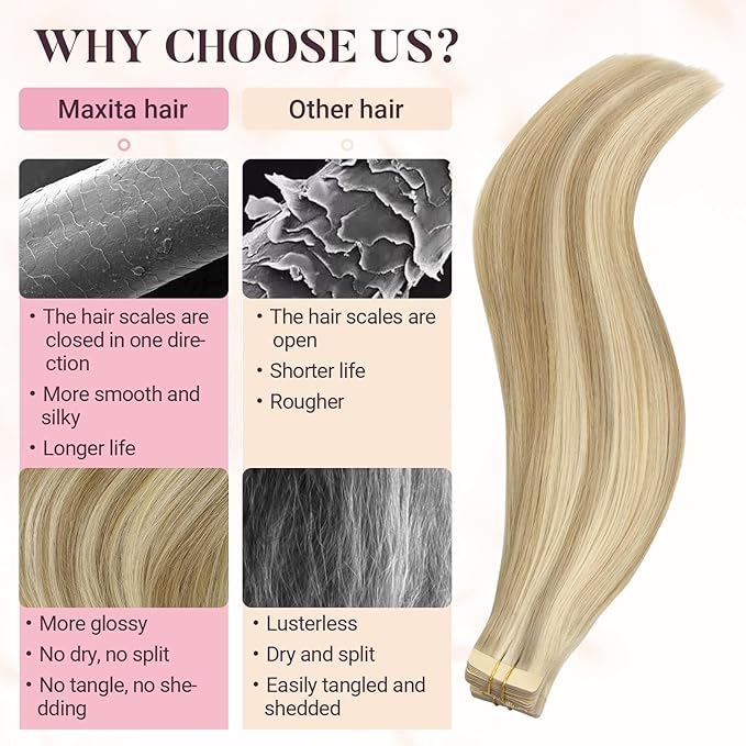 MAXITA Tape in Hair Extensions Human Hair, Balayage Light Blonde Highlighted Golden Blonde Grey Tone 24Inch 50g 20pcs, Thick Ends Straight Seamless Tape ins, Invisible Hair Extensions Real Human Hair