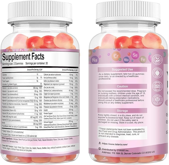 Sugar Free Multivitamin Gummies for Women 14+ w/Inositol, Iron, Folate, Biotin, Womens Daily Multivitamin Gummy w/Vitamin A, D, C, B, Support Hair, Skin, Energy, Immune, Strawberry Flavor