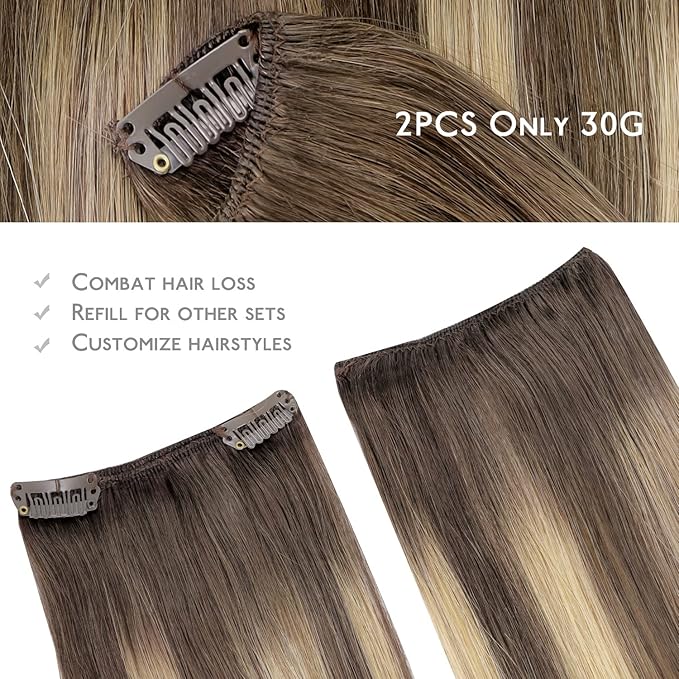 WENNALIFE Clip in Hair Extensions Real Human Hair Refill, 30g 22 inch 2pcs Balayage Chocolate Brown to Dirty Blonde Hair Extensions Clip in Human Hair for Hair Loss and Thinning Hair Straight Remy