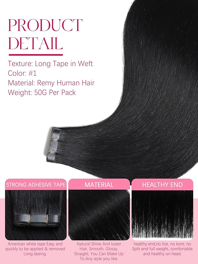 Lacer One Piece Tape in Hair Extensions 16inch Wide Tape ins Hair Extensions Jet Black Invisible Extensions 50 Grams DIY One Piece Tape ins Weft Natural Hair for Women 31.5" (80cm)