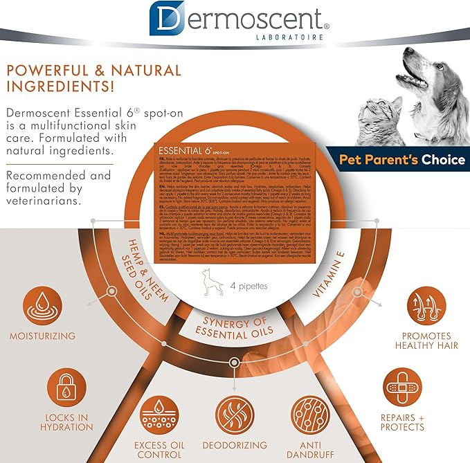 Dermoscent Essential 6 spot-on - Dog Skin Care for Dandruff & Allergy Relief with Vitamin E Oil - Anti Itch for Dogs - Natural Ingredients for Sensitive Skin - Dogs 10-20 kg - 4 Pipettes of 1.2 ml