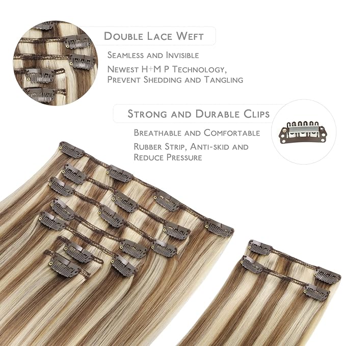 WENNALIFE Hair Extensions Clip In, 9pcs 16inch 150g Ash Brown Highlighted Golden Blonde Thicker Clip In Hair Extensions Real Human Hair Remy hair extension Double Weft Clip in Human Hair Extensions