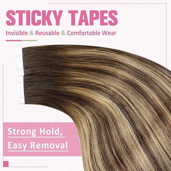 YoungSee Tape in Hair Extensions Real Human Hair Brown Balayage Tape Hair Extensions Real Human Hair Ombre Dark Brown to Caramel Blonde Real Hair Tape in Extensions Human Hair Seamless 14In 20pcs 50g