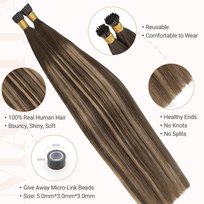 MAXITA I Tip Hair Extensions Human Hair, Balayage Chocolate Brown to Caramel Blonde 100g/50s 24 Inch,Comfortable Wear, 100% Remy Human Hair, Real Human Itip Keratin Hair Extensions
