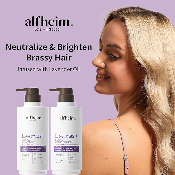 Alfheim Lavender+ Purple Shampoo & Conditioner Set | Anti-Brass & Color-Correcting for Blonde, Platinum & Gray Hair | Hydrating & Nourishing | Enhances Shine & Softness | 18 oz Each