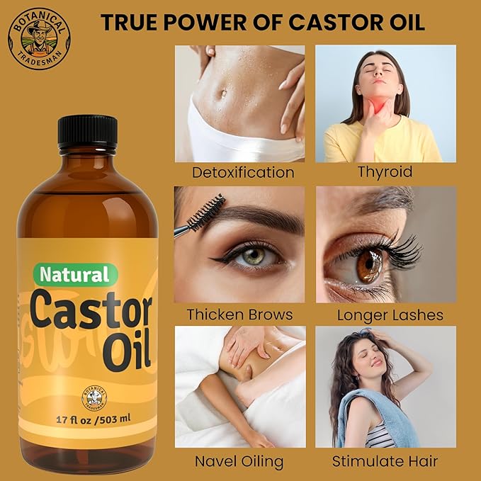Organic Castor Oil (17 oz) Glass Bottle-100% Pure, Cold-Pressed, Hexane-Free, with 2 Resuable Organic Cotton Flannel Pack Wraps and Mascara Container for Skin, Hair, Eyelash's & Eyebrow's