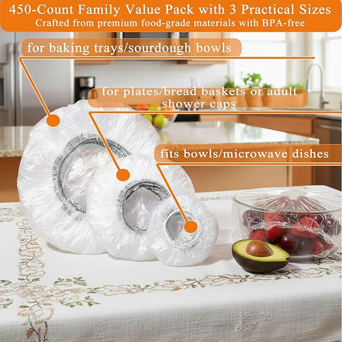 Multi-Use Plastic Covers 450 Pack - Disposable Shower Caps & Bowls Covers | Food-Grade, Odor-Free, Reusable & Washable, 3 Sizes (Small/Medium/Large) for Hair Care, Bowls, Plates, Trays & Travel (450)