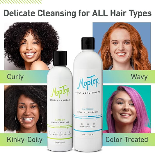 MopTop Gentle Shampoo (8oz) + Daily Conditioner (16oz) for Wavy, Curly, and Coily Hair, Color Safe, Moisturizing Hair Care Set