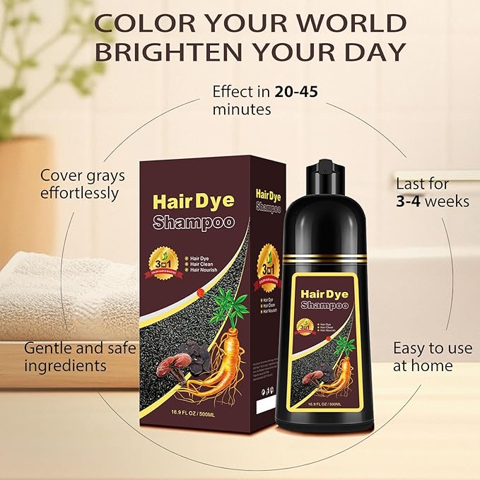 Hair Dye Shampoo 3 in 1, Long-Lasting Gray Hair Coverage, Natural Dark Coffee Hair Color Shampoo with Herbal Ingredients, Easy Application Shampoo Para Canas for Women Men 16.9 Fl Oz