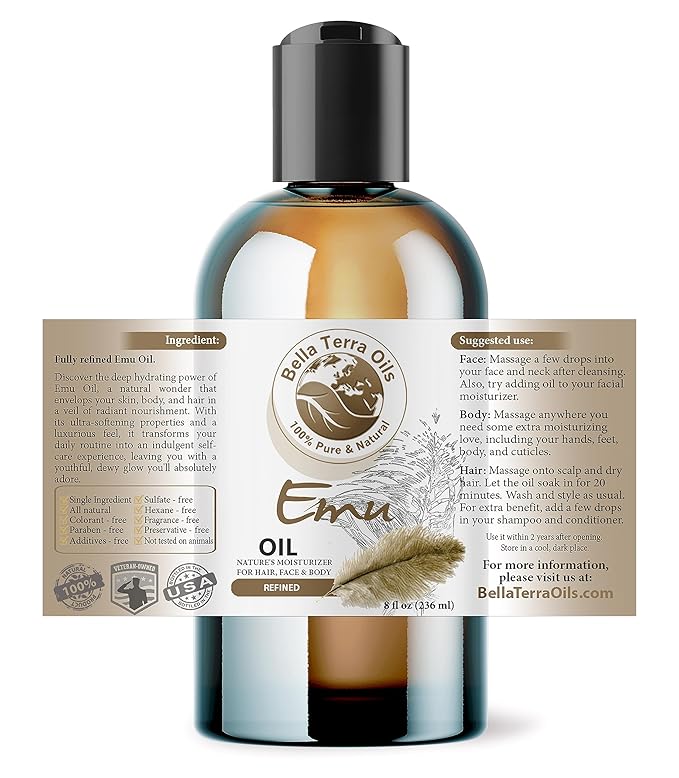 Bella Terra Oils - Emu Oil 8 oz - Celebrate the Australian Emu Heritage, Enveloped in Vitamin-rich Goodness, A Touch of Elegance for Skin