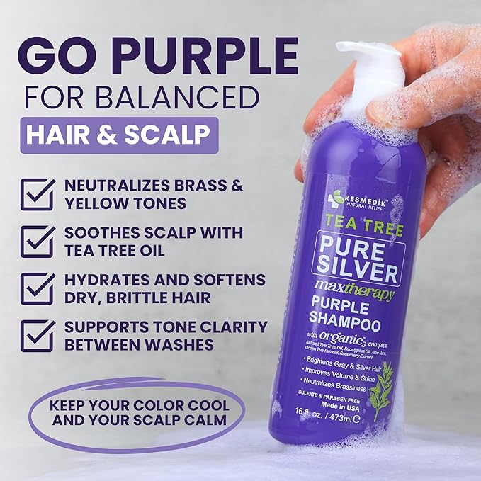 Tea Tree Purple Shampoo for Blonde, Bleached, Silver & Grey Hair, Anti-Brass Toner, Boosts Highlights & Revitalizes Color, Relieves Itchy Scalp & Salon-Grade Hair Toner Shampoo, 16 fl oz