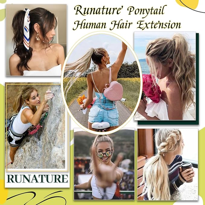 RUNATURE Human Hair Ponytail Wrap Around Ponytail Extension Human Hair with Magic Paste Long Real Ponytail Hair Extensions 20 Inch 80g #2P8A Dark Brown Highlight Light Brown