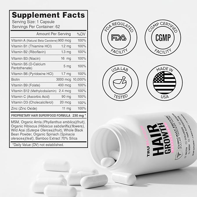 Tru Bloom Hair Growth Vitamins - 2 Month Supply. Clinically Proven to Grow Fuller, Thicker Hair. Drug-Free with Biotin, Collagen, Keratin, MSM, Zinc, D3 + Hair Superfoods