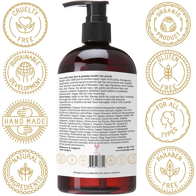 Organic Shampoo 17.5 oz. Argan Oil, Rosemary, Palmarosa. Promotes Hair Growth, Prevents Hair Loss. GF