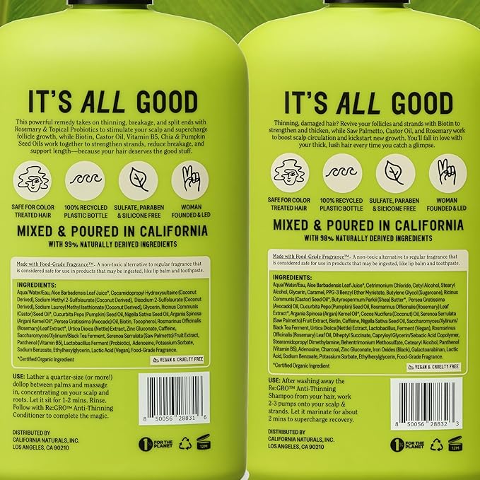 California Naturals Re:GRO Shampoo and Conditioner Set, Anti-Thinning & Hair Growth Support, All Hair Types, Vegan, Natural, Cruelty Free, Silicone, Paraben & Sulfate Free for Women & Men, 20 oz