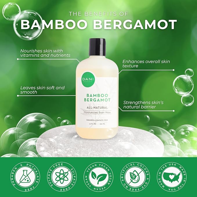 Naturals Moisturizing Body Wash - Refreshing Bamboo Bergamot Scent with Organic Aloe Vera & Natural Glycerin - Paraben & Sulfate-Free Shower Gel - For Men & Women - 12 oz - Vegan & Cruelty-Free