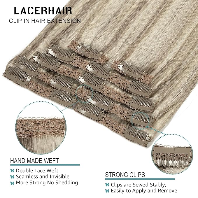 Lacer Clip in Hair Extensions Real Human Hair Golden Blonde Highlight Platinum Blonde Highlight Remy Human Hair Extensions Clip ins for Women 22 Inch 140g 7Pcs Natural Human Hair