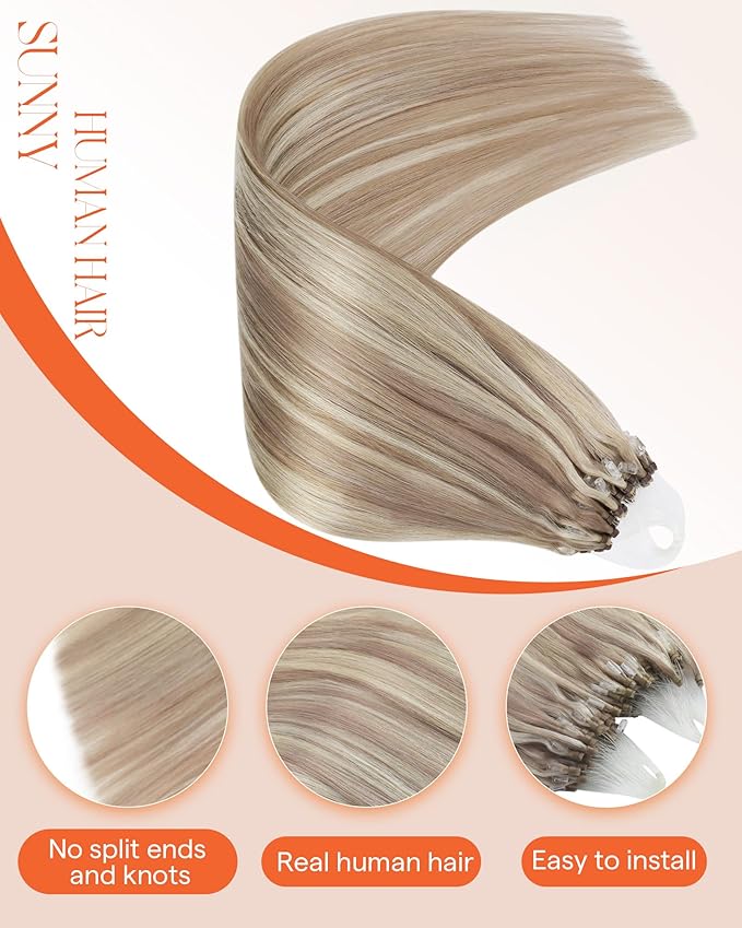 Sunny Hair Microbead Hair Extensions 18inch Micro Link Hair Extensions Human Hair Ash Blonde Highlight Bleach Blonde Micro Ring Hair Add Volume for Women 50g