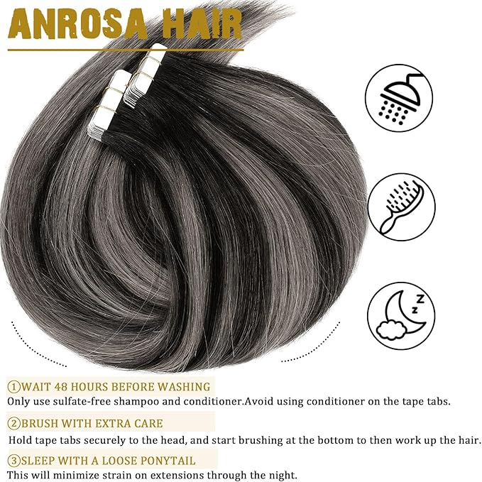 Anrosa Tape in Hair Extensions Human Hair Remy Real Human Hair Extensions Tape in Silky Natural Hair Extensions Human Hair 16 Inch Natural Black to Silver Grey with Natural Black Rooted 50G 20PCS