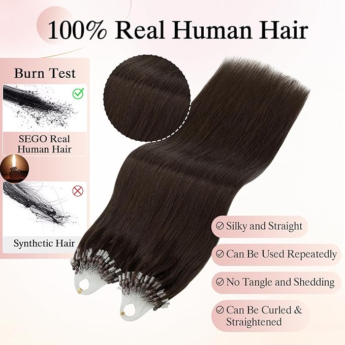 Micro Link Hair Extensions Human Hair Micro Bead Extensions Micro Loop Micro Ring Human Hair Extensions for Women Silky Straight Natural 50g/100 Stands 24" Dark Brown