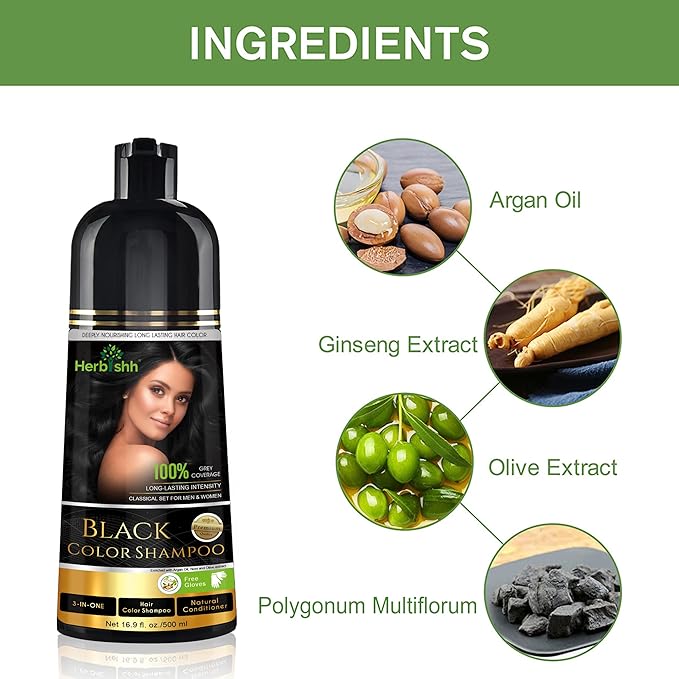 Herbishh Hair Color Shampoo for Gray Hair – Natural Hair Dye Shampoo – Colors Hair in Minutes – Lasts Up To 3-4 Weeks – 500ML – 3-In-1 Hair Color – Colors, Cleanses, and Conditions (Black)