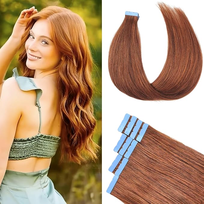 Auburn Mini Tape in Hair Extensions Human Hair Invisible Long 20 Inch Hair Extensions Real Human Hair Tape Ins Silky Straight Remy Hair for Women
